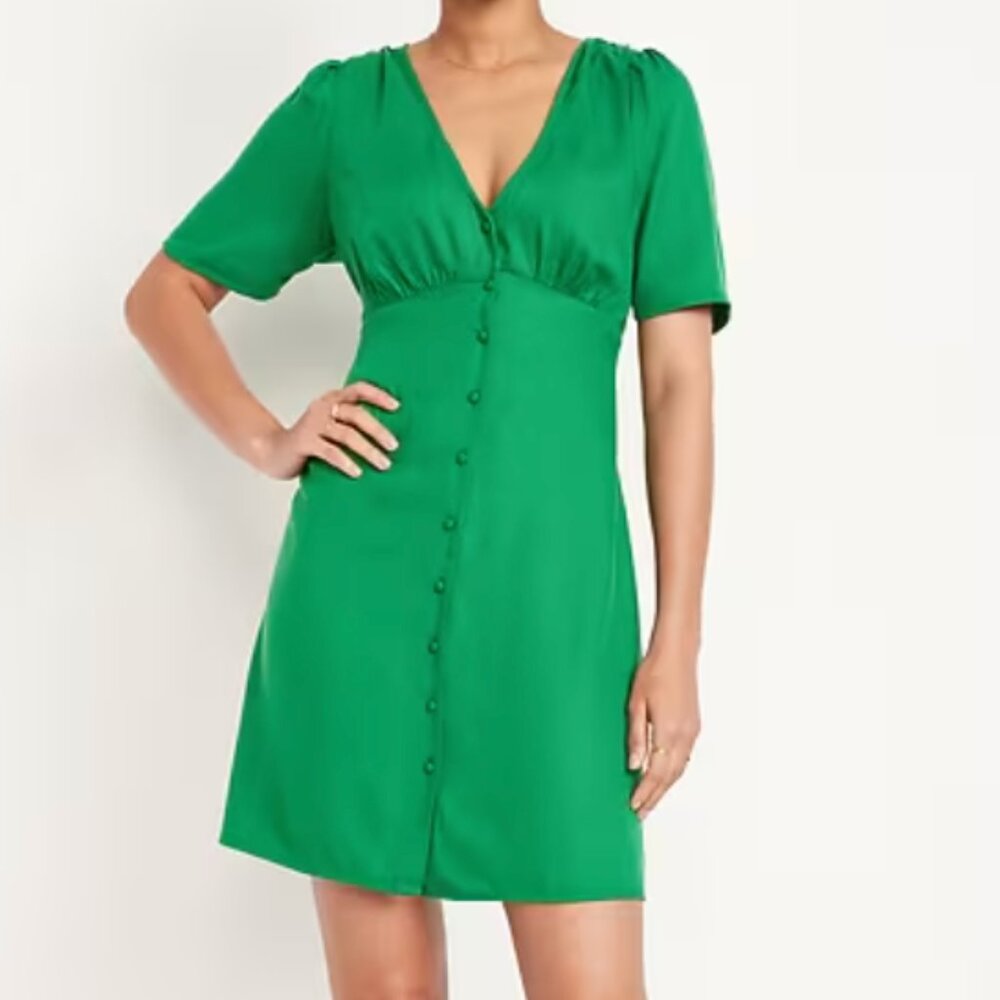 Green Button-Down Crepe Mini Dress (Size M)